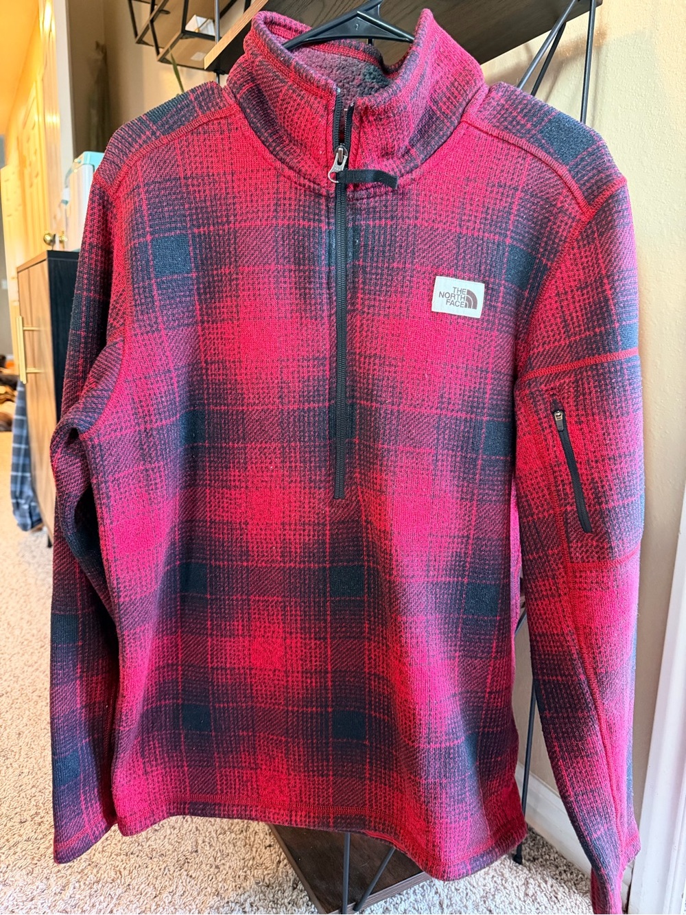 The North Face Men's Red and Black Plaid Half-Zip Fleece